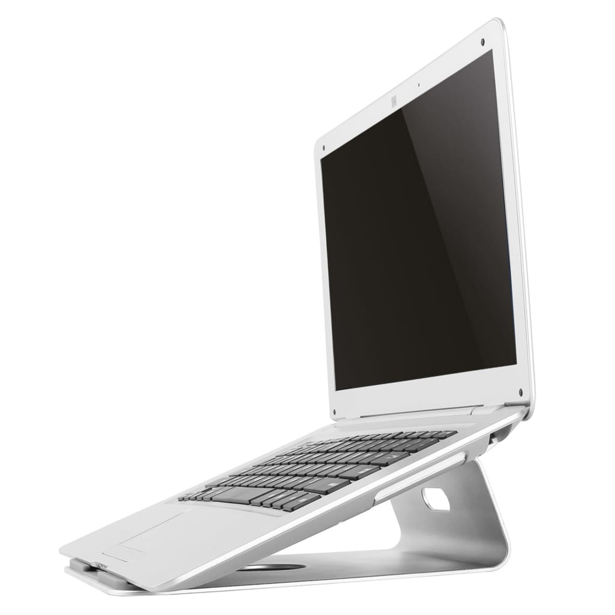 Silver laptop on a stand, open, black screen. White background.