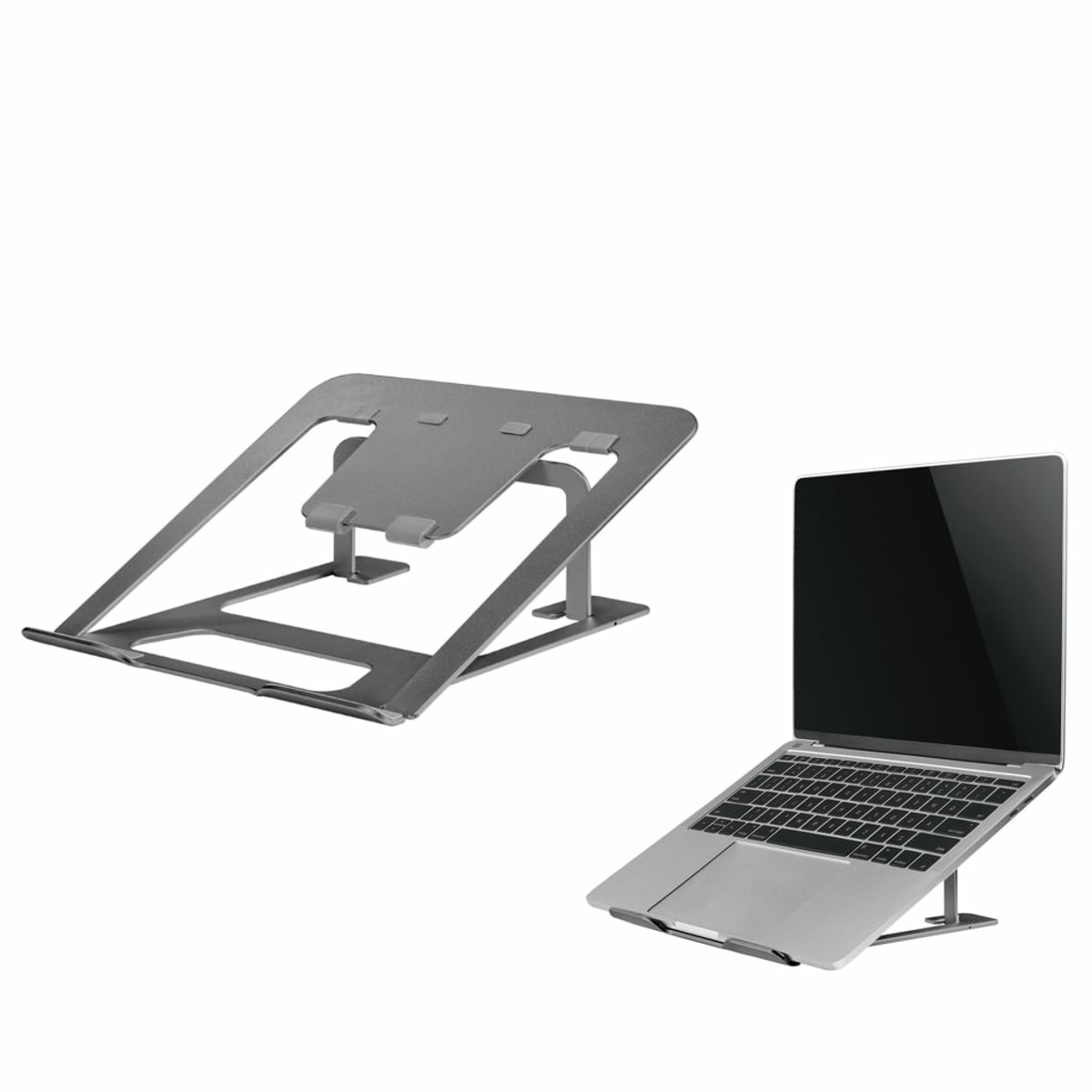 Laptop stand and laptop. The stand is gray, the laptop is silver with a black screen.
