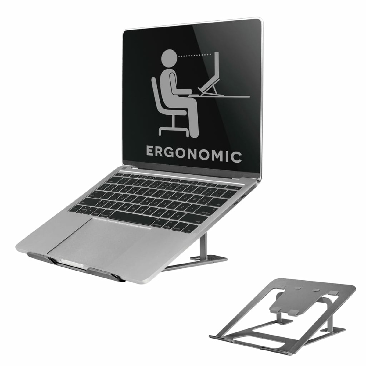 Laptop on silver stand, with an ergonomic illustration on the screen. Additional stand shown below.