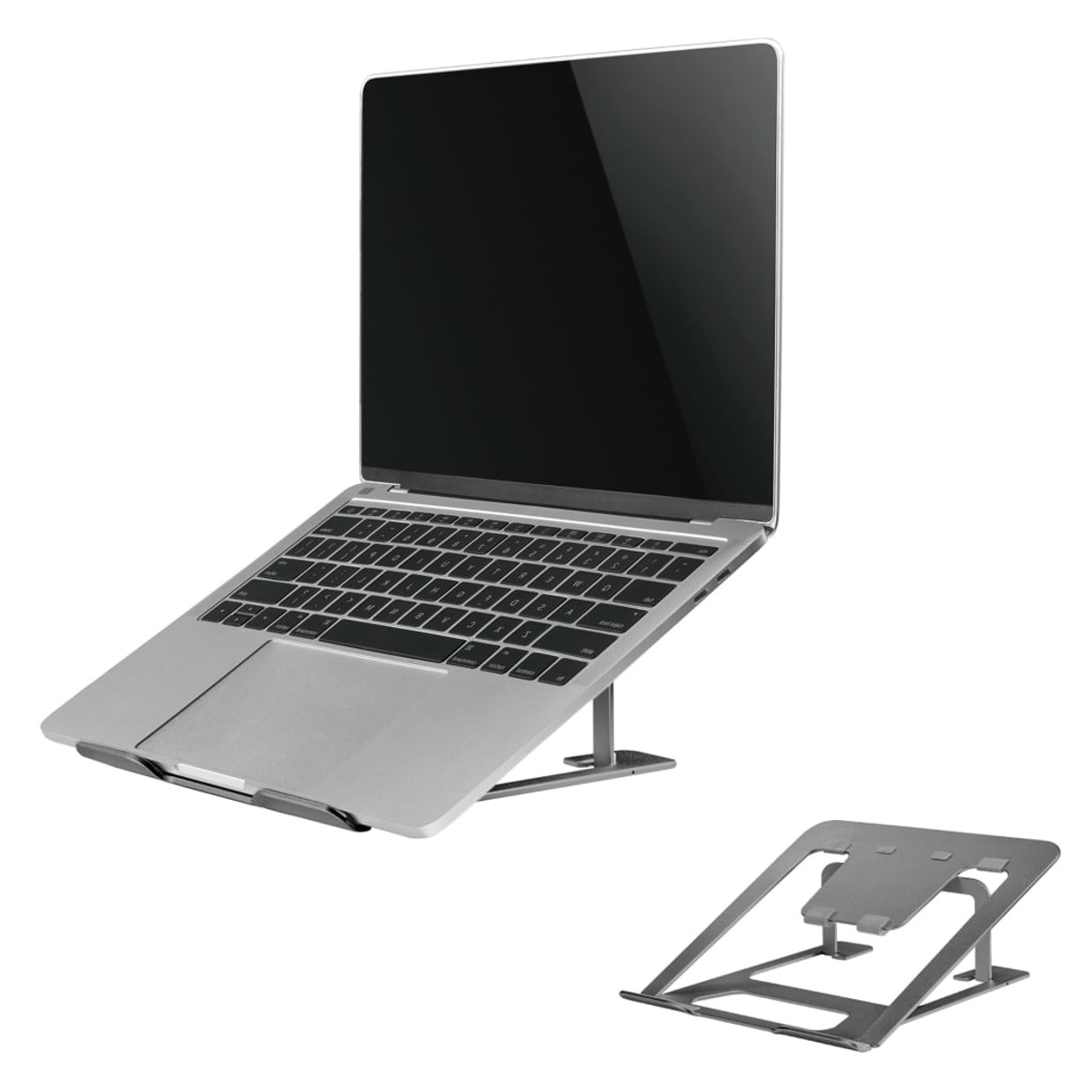 Laptop on a silver stand with a second stand folded below, set against a white backdrop.