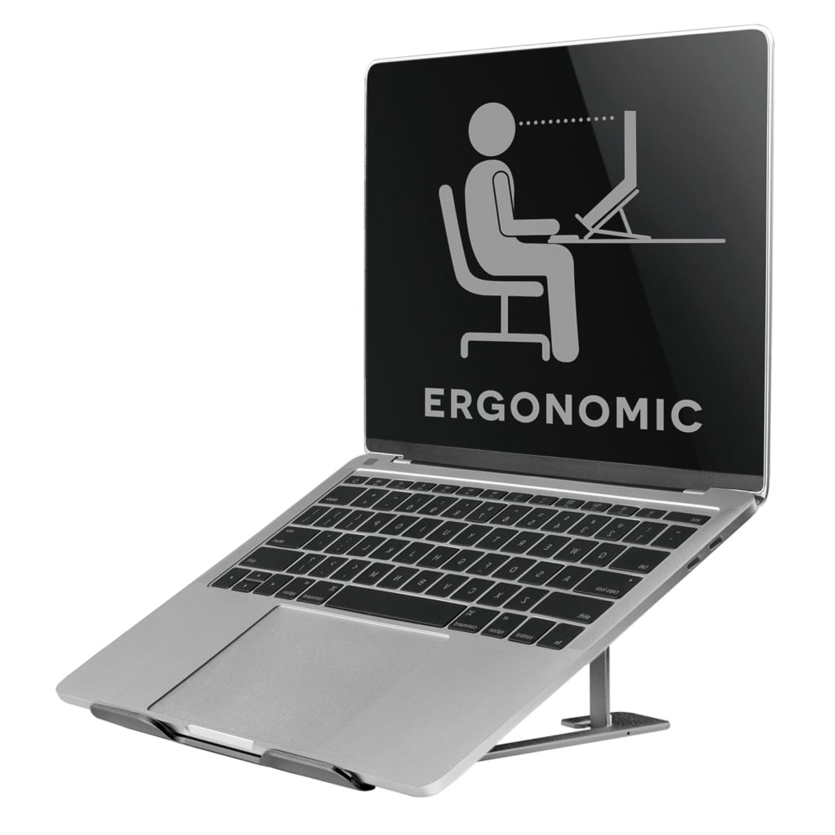 A laptop on a stand showing an ergonomic posture. The laptop is silver and the stand is gray.