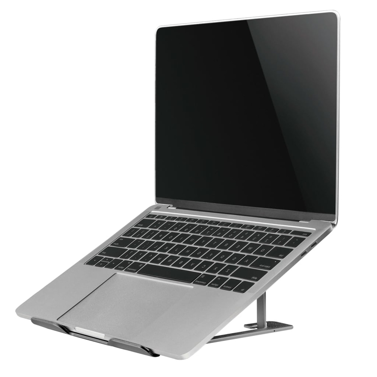 Silver laptop computer on a stand with a black screen.