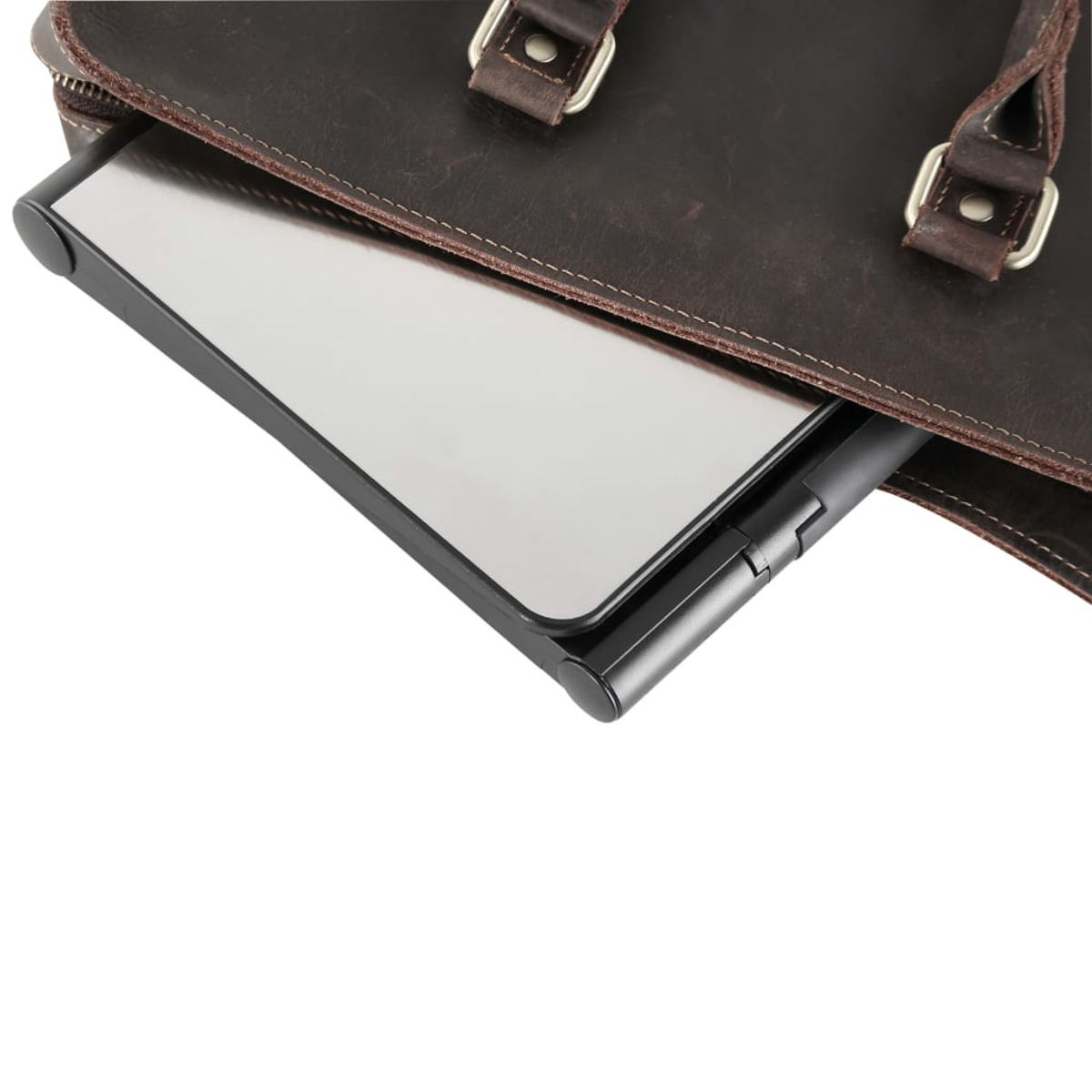 A laptop inside a dark brown leather briefcase, top view, white background.