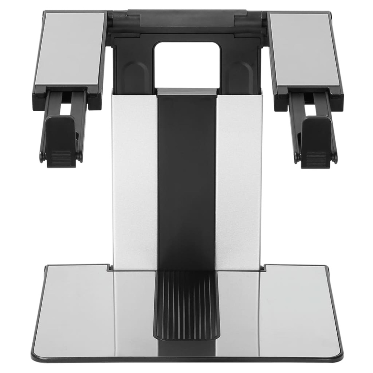 A laptop stand, silver and black, designed to lift a laptop.