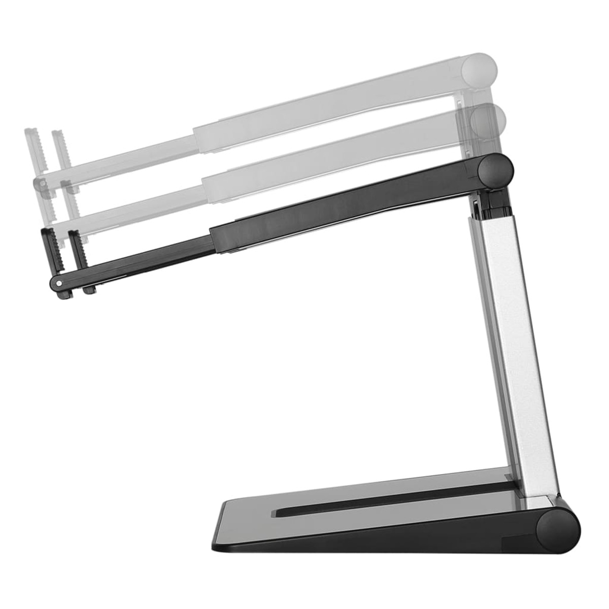 A laptop stand adjustable, showing height adjustment, against a white backdrop.
