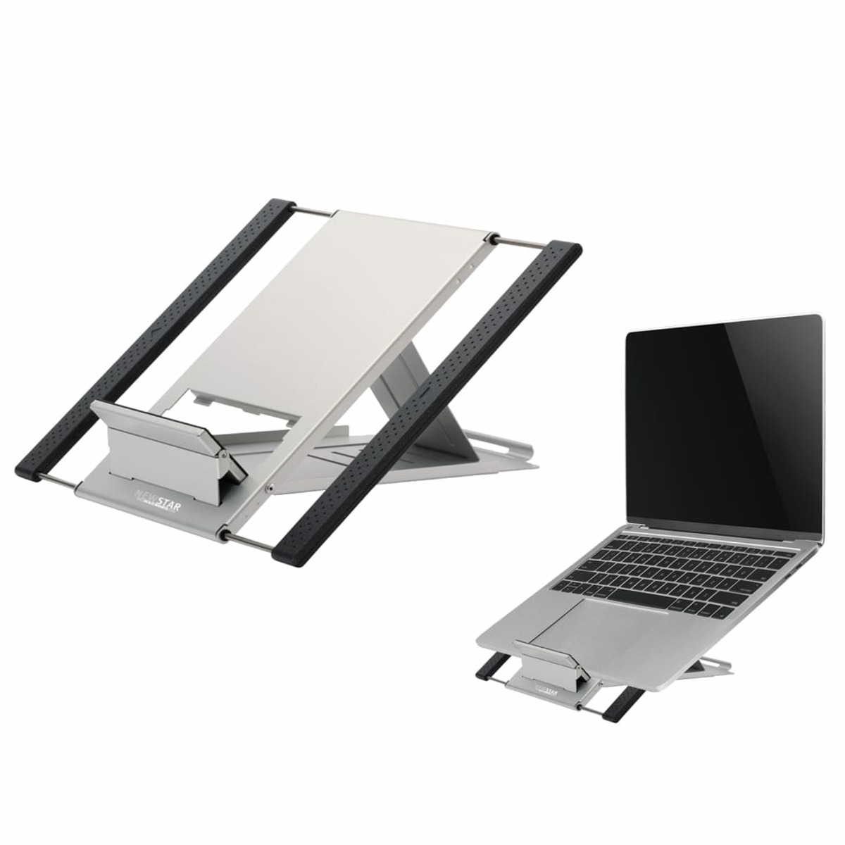 Silberner Laptop auf einem silbernen Ständer mit Laptopständer. Der Ständer ist abgewinkelt.