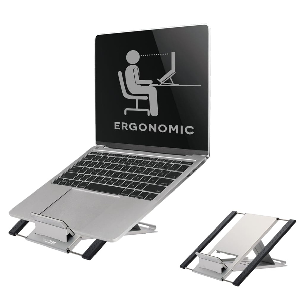 Laptop auf silbernem Ständer, beschriftet mit 'ERGONOMIC'. Ein kleinerer Ständer daneben, auf weißem Hintergrund.