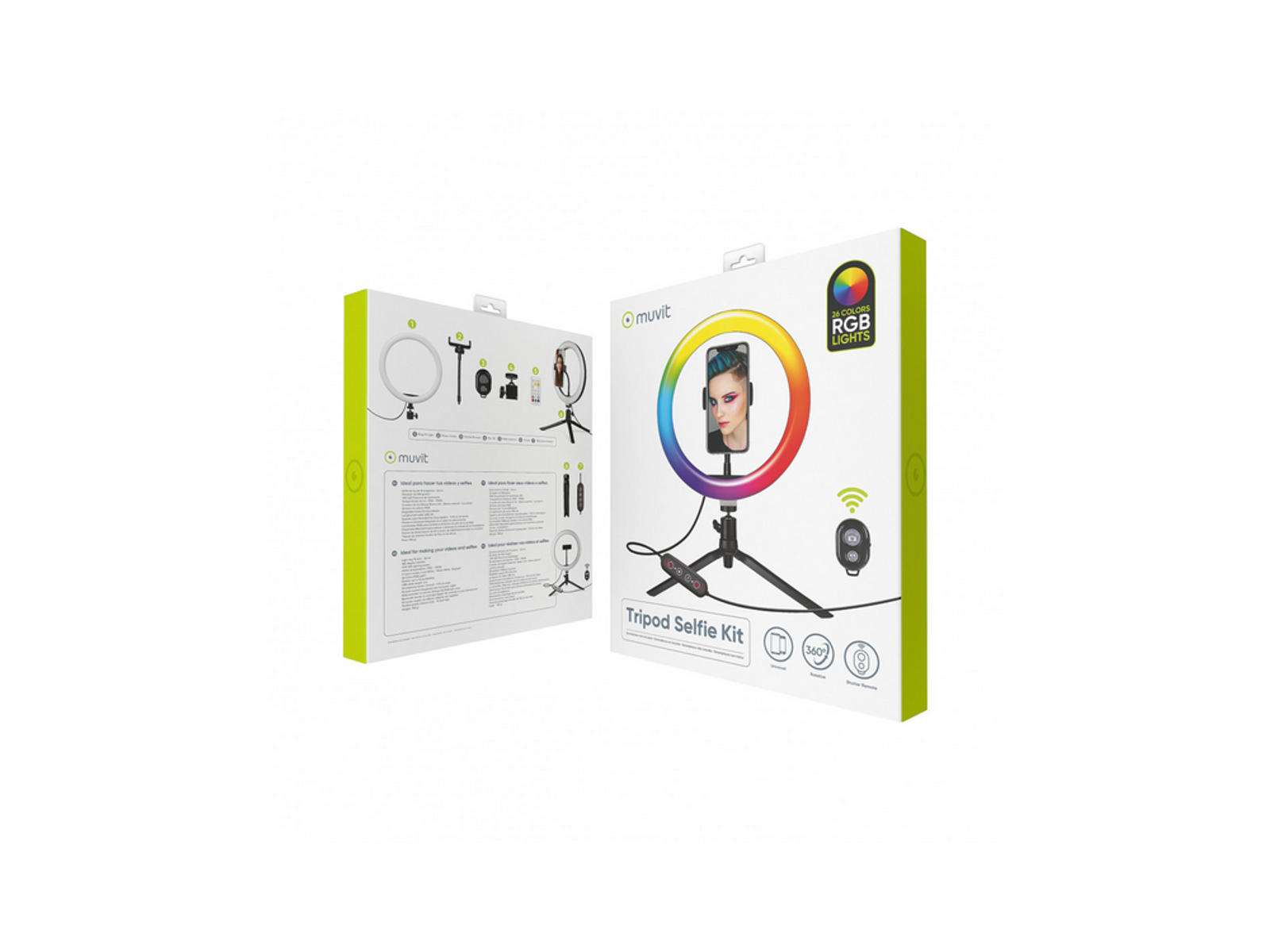 Caja de kit selfie trípode, fondo blanco, aro de luz y soporte para smartphone.