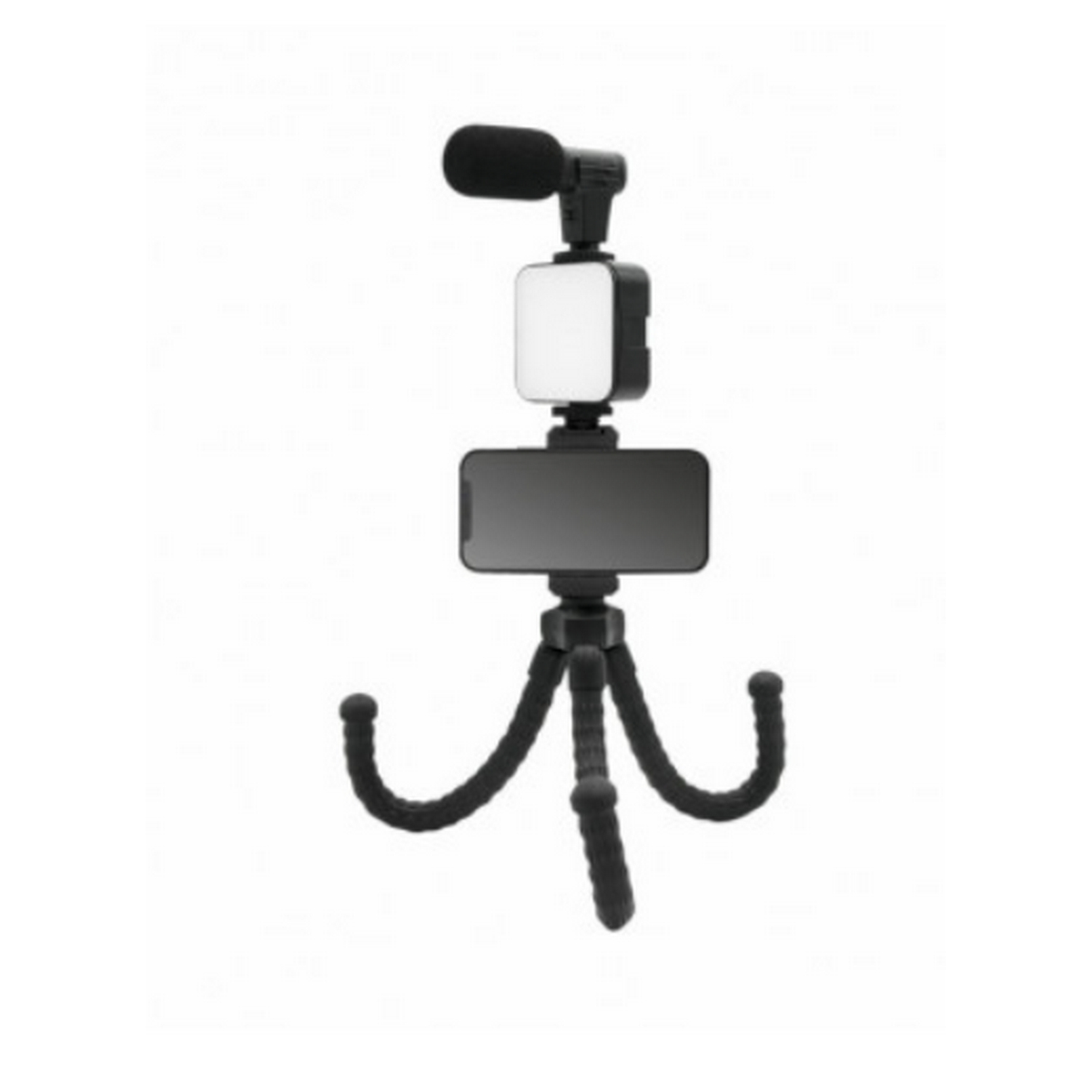Trípode negro con patas flexibles, sosteniendo un smartphone, una luz y un micrófono. Fondo blanco.
