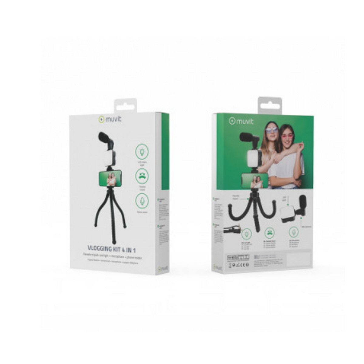 Dos cajas de un kit de vlog 'muvit' con trípode, micrófono y soporte para teléfono.