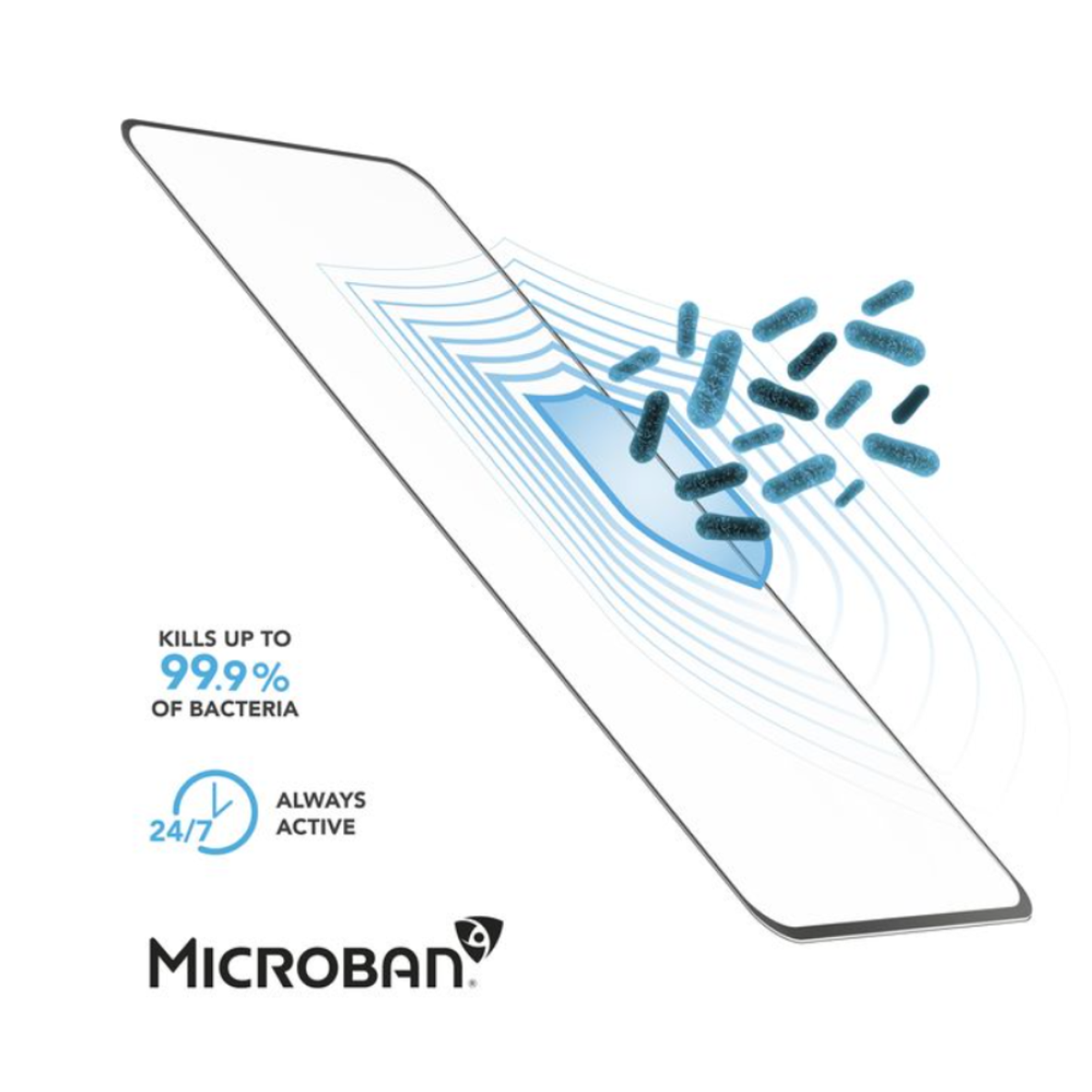 Protezione schermo del telefono con testo e icone di batteri blu.