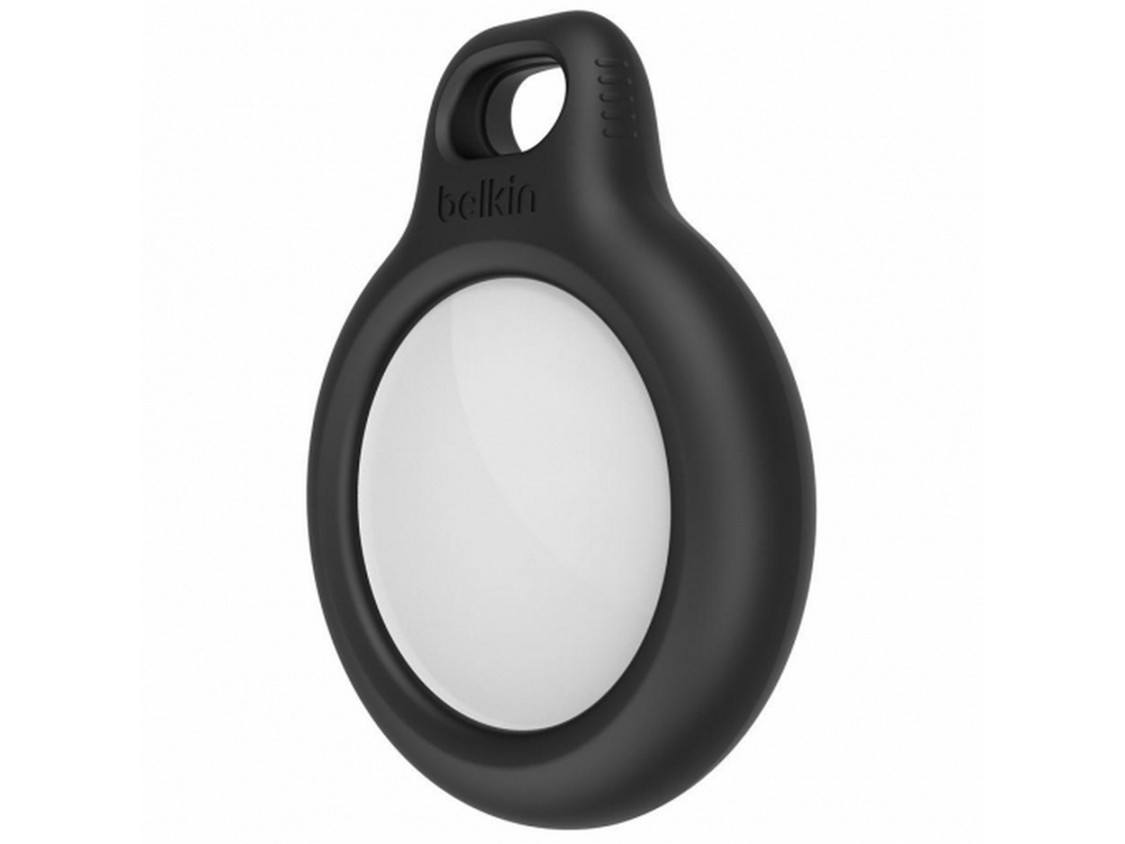 Czarny uchwyt Belkin AirTag z białym środkiem. Ma pętlę na górze.