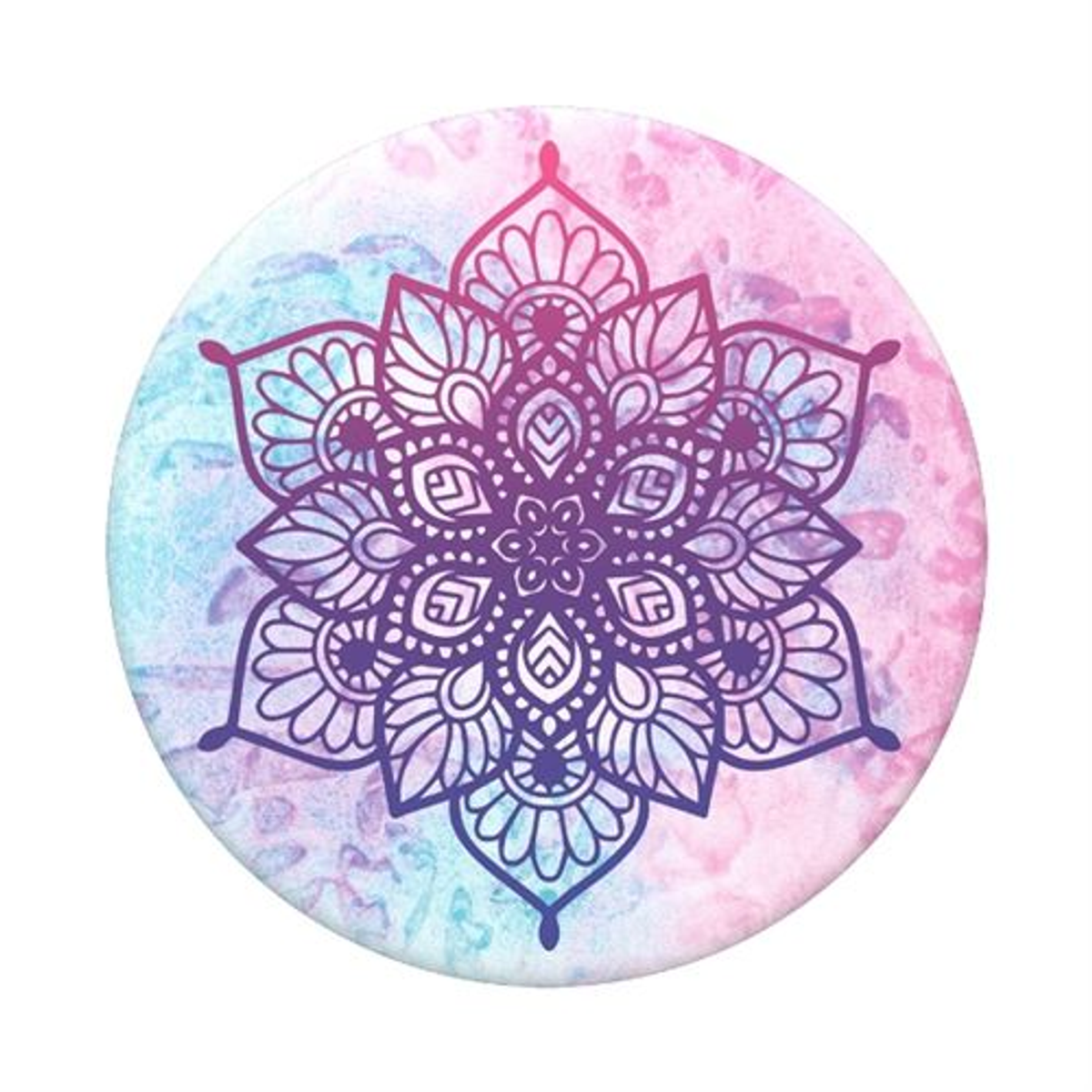 Popsocket redondo con diseño de mandala. El mandala es morado y blanco sobre un fondo rosa y azul.
