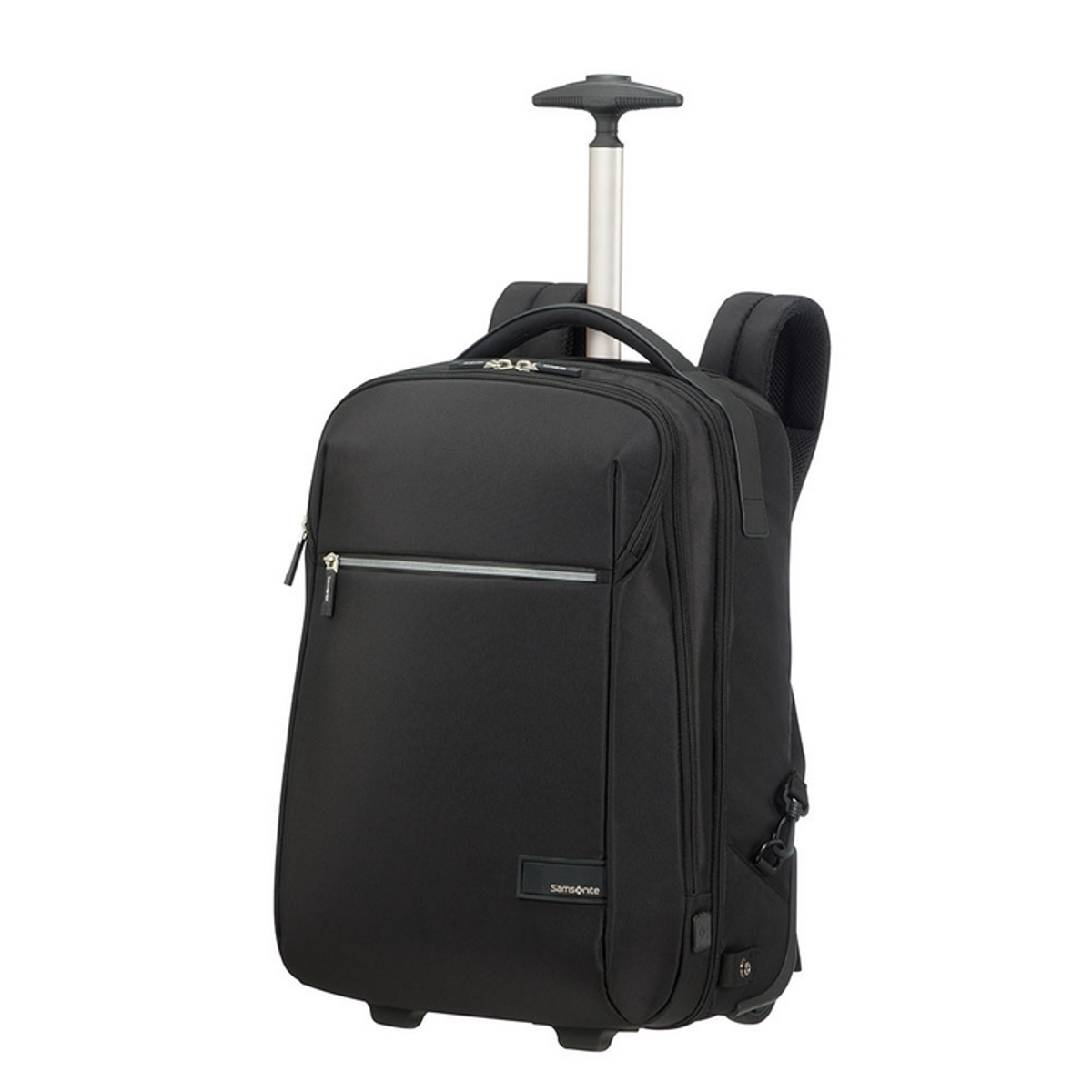Schwarzer Samsonite Rollrucksack mit Griff und Rollen.