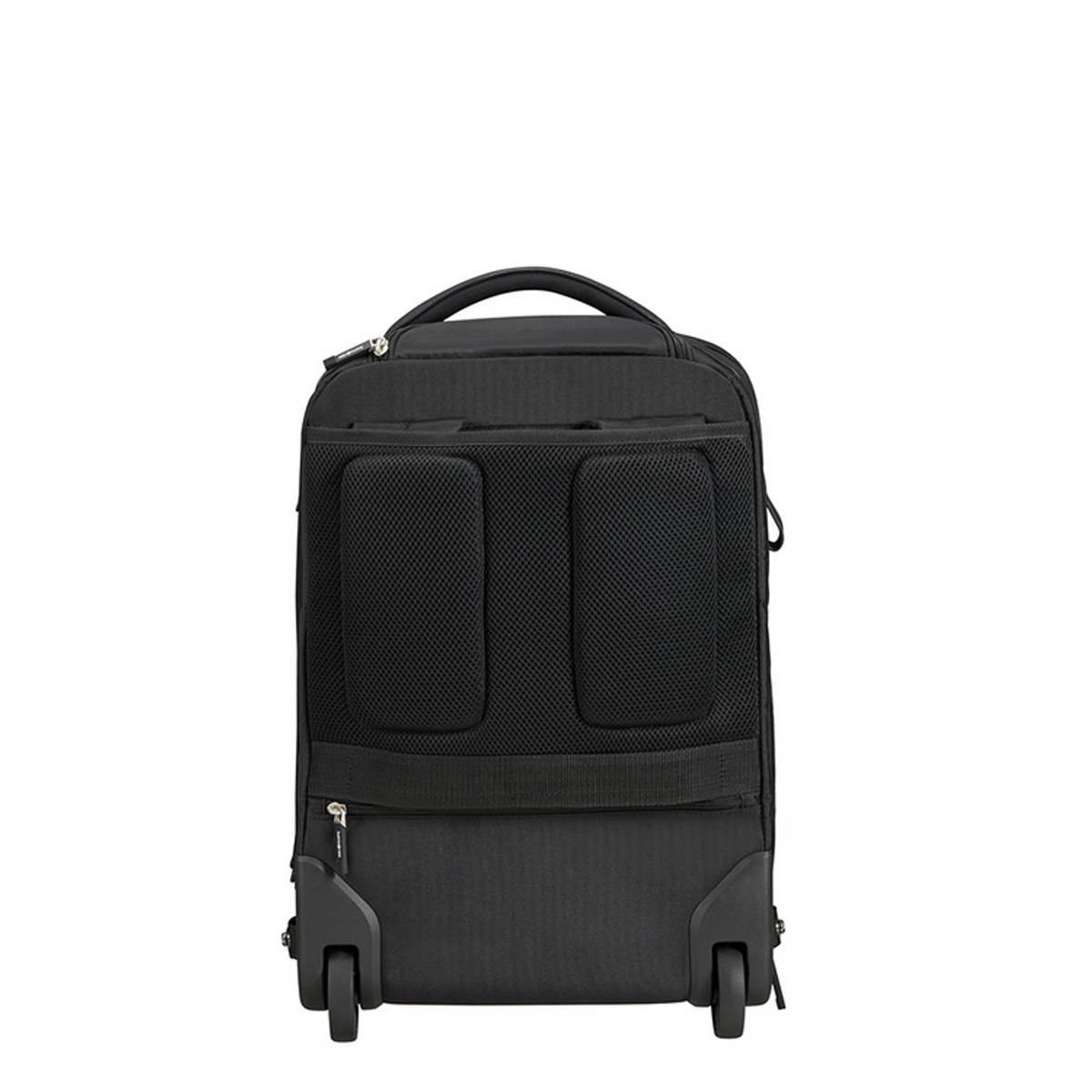 Schwarzer Rollkoffer mit Vordertaschen, schwarzem Griff und Rädern.