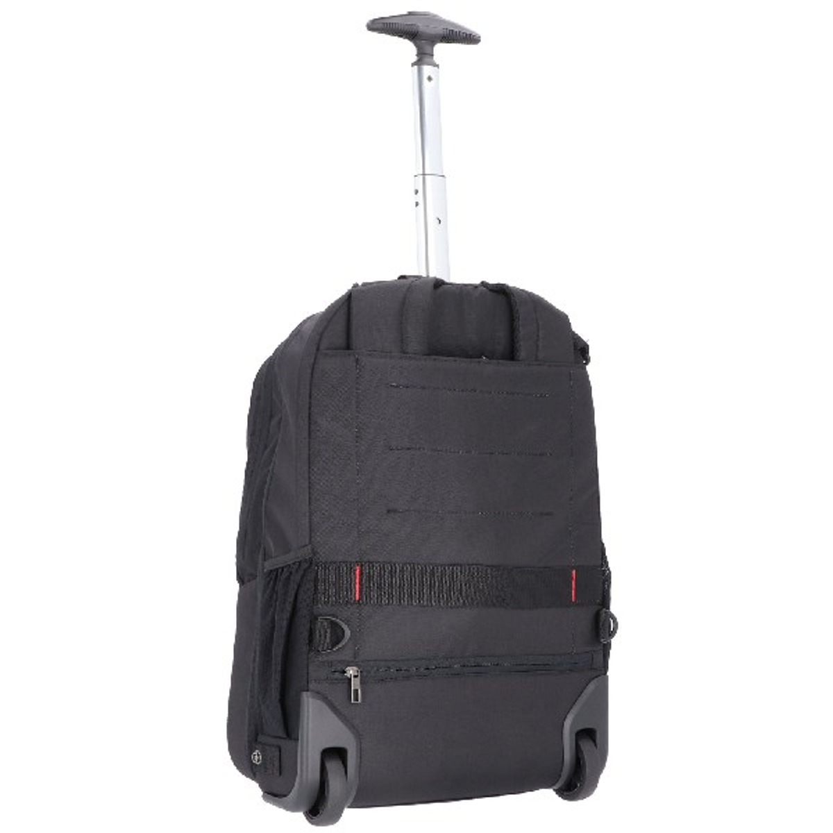 Schwarzer Rollrucksack mit ausgezogenem Griff und Rädern.