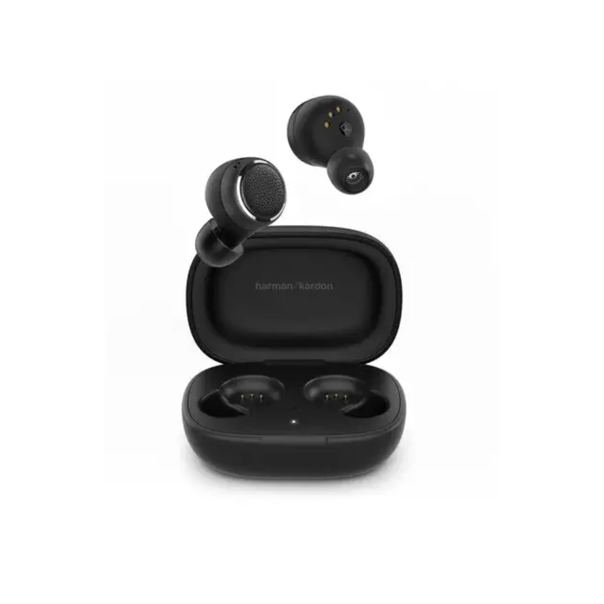 Auriculares inalámbricos negros en estuche de carga. El estuche está abierto.