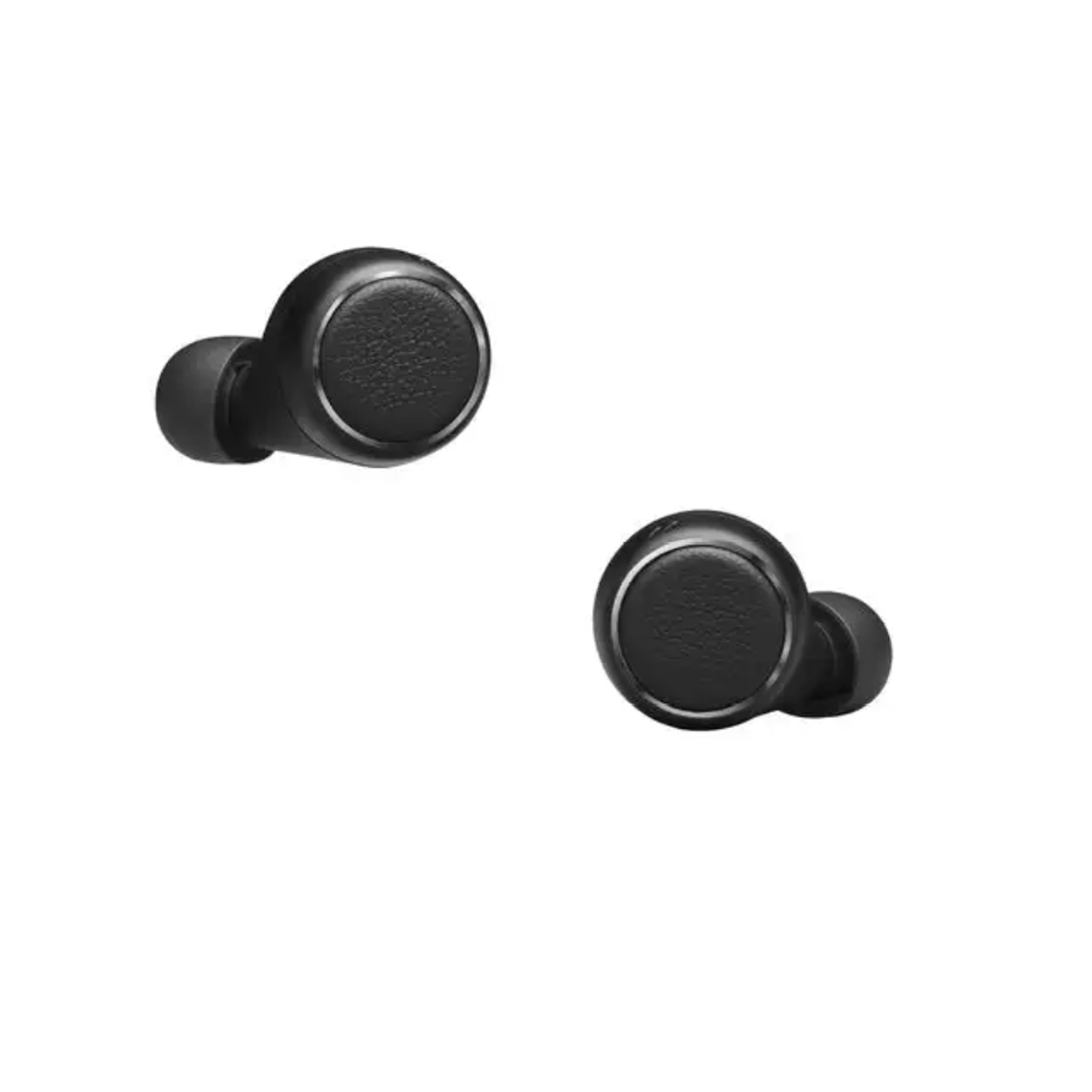 Dos auriculares negros con puntas de silicona negras. Aislados sobre fondo blanco.