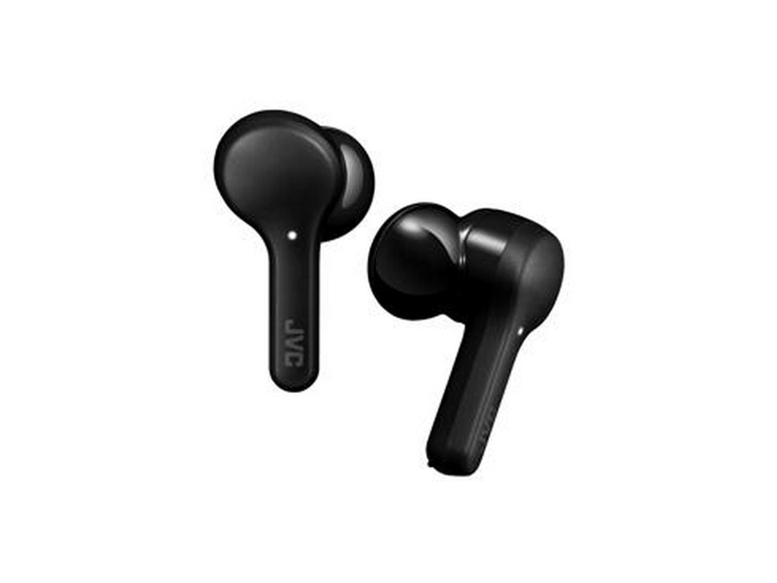 Para czarnych bezprzewodowych słuchawek. Logo JVC na jednej słuchawce. Białe tło.