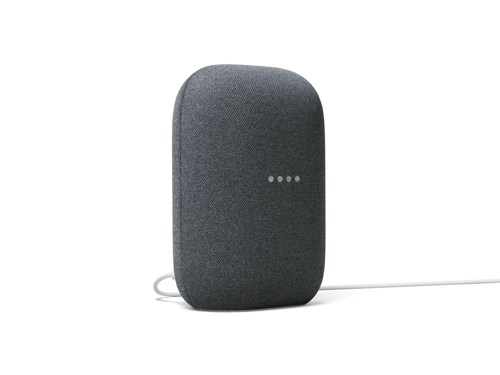 Altavoz inteligente Google Nest gris, forma ovalada, cable blanco, sobre fondo blanco.