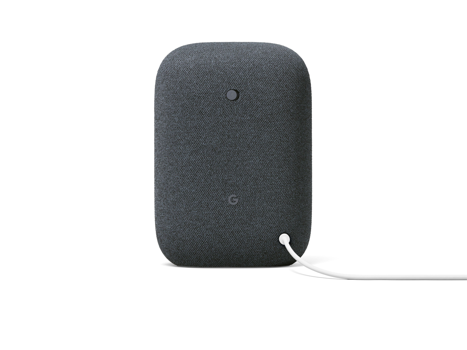 Altavoz Google Nest gris oscuro con cable de alimentación blanco. El altavoz tiene un botón.