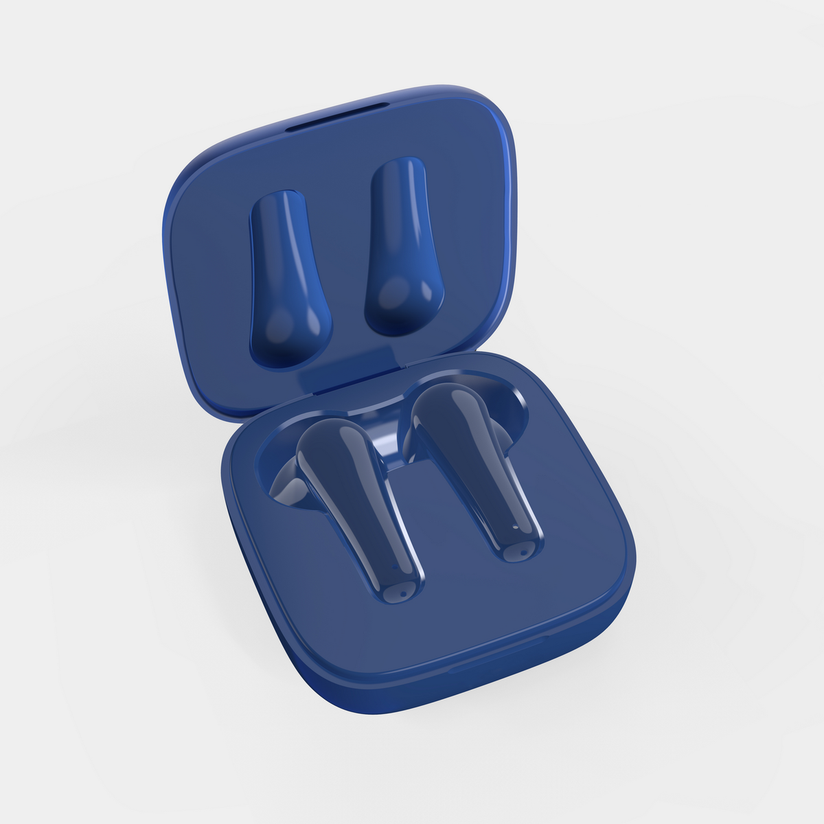 Un estuche azul que contiene dos auriculares azules. El estuche está abierto.