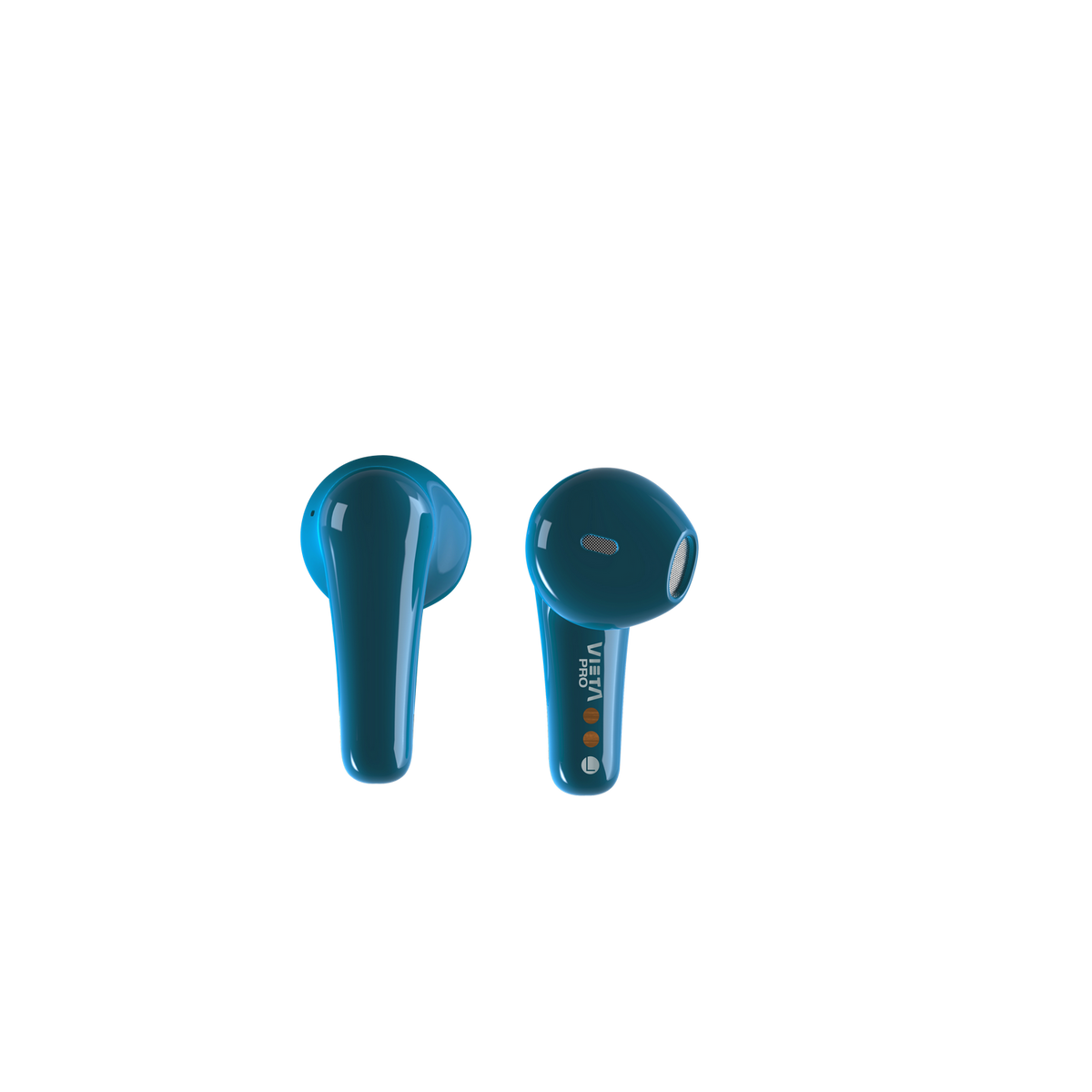 Dos auriculares inalámbricos turquesa con fondo negro.