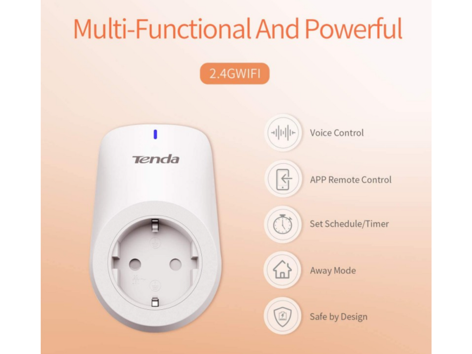 Weißer Smart-Stecker mit Text und Symbolen für Funktionen. Schwarzer Hintergrund.