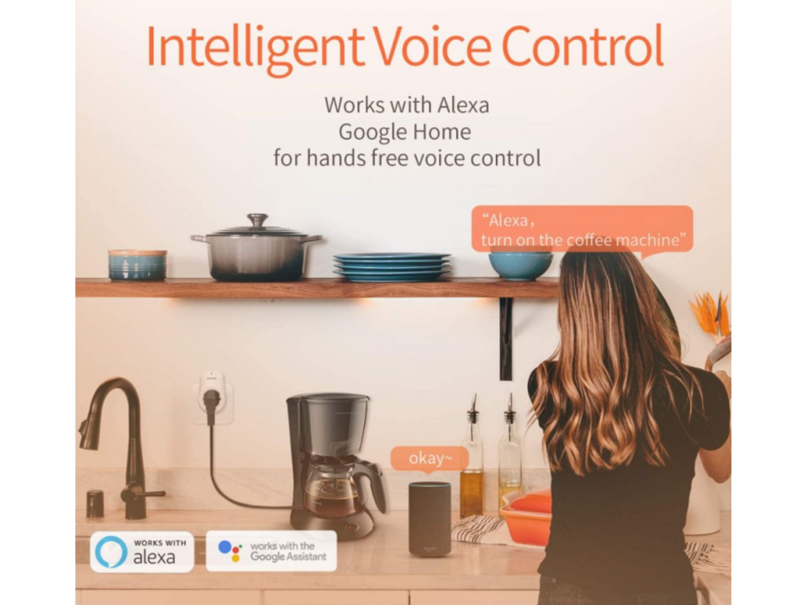Ein Bild von Smart-Home-Geräten, darunter eine Kaffeemaschine und ein Sprachassistent.