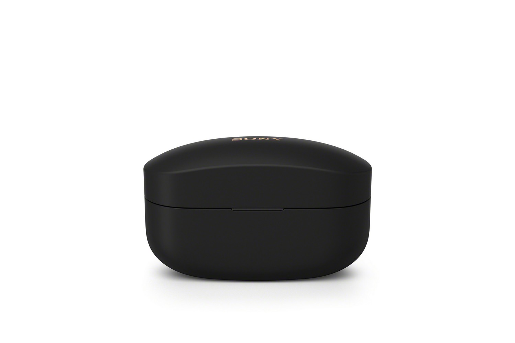 Eine schwarze Ohrhörer-Ladehülle mit goldenem SONY-Logo, vor weißem Hintergrund.