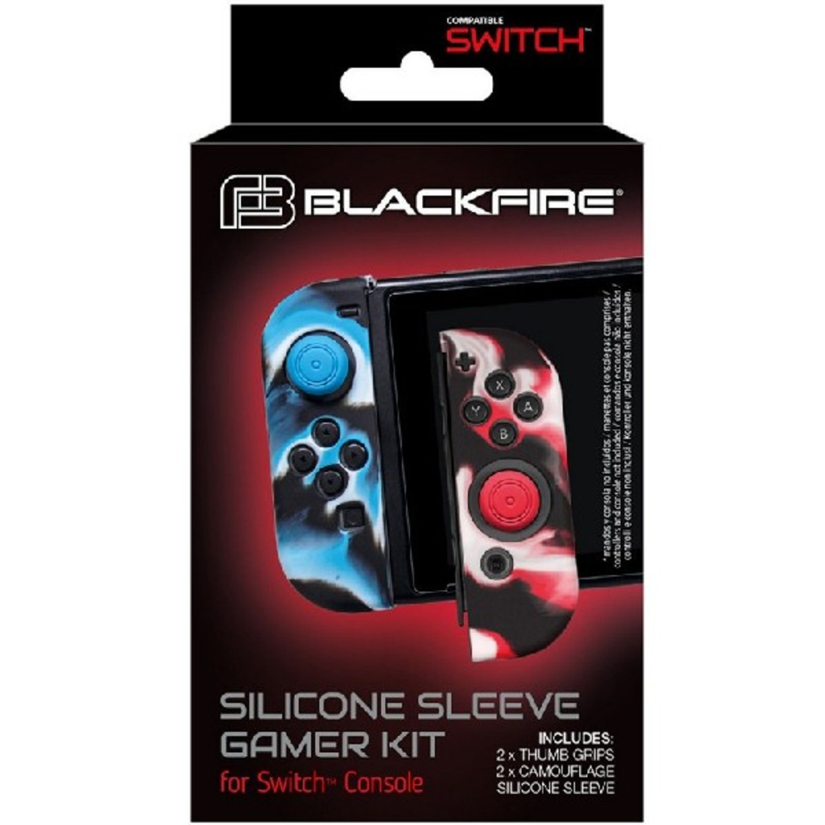 Caja para un kit de jugador de Switch con una funda para el mando. La funda es negra, azul y roja.