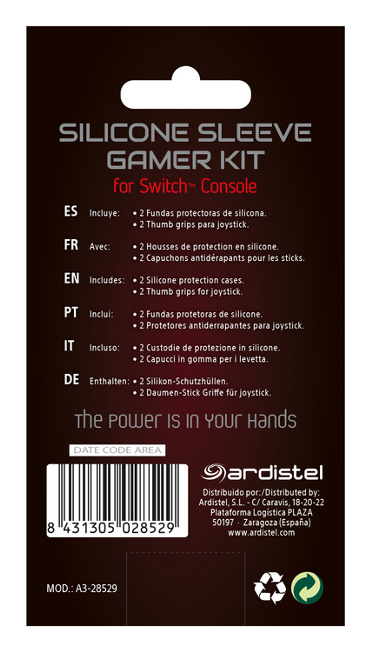 Parte trasera de un kit gamer de silicona para la consola Switch. Texto en varios idiomas y un código de barras.