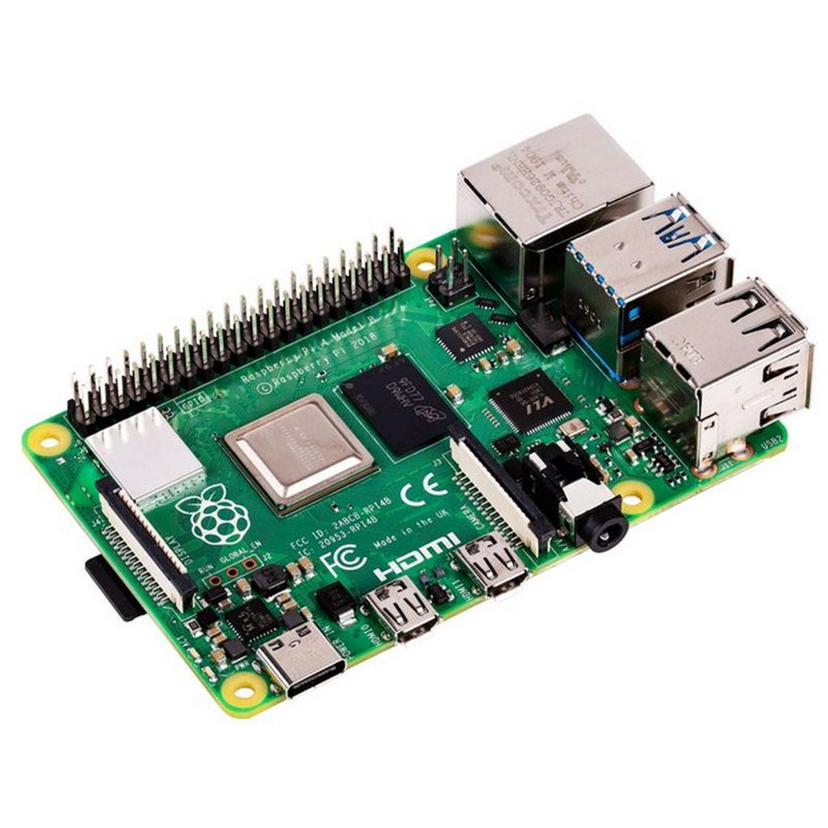 Una placa Raspberry Pi 3 Model B+ con varios componentes, sobre una superficie blanca.