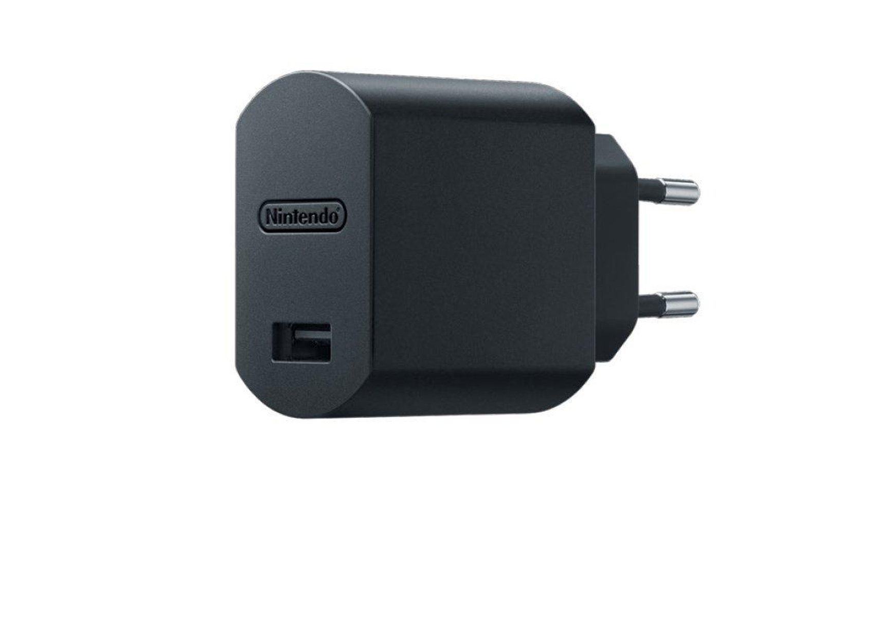 Un cargador Nintendo negro con puerto USB. Se muestra el logotipo de Nintendo.