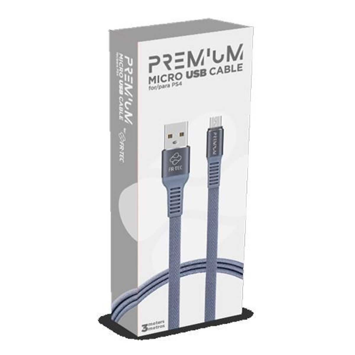 Kabel Micro USB w opakowaniu, szary kabel, biało-szare opakowanie.