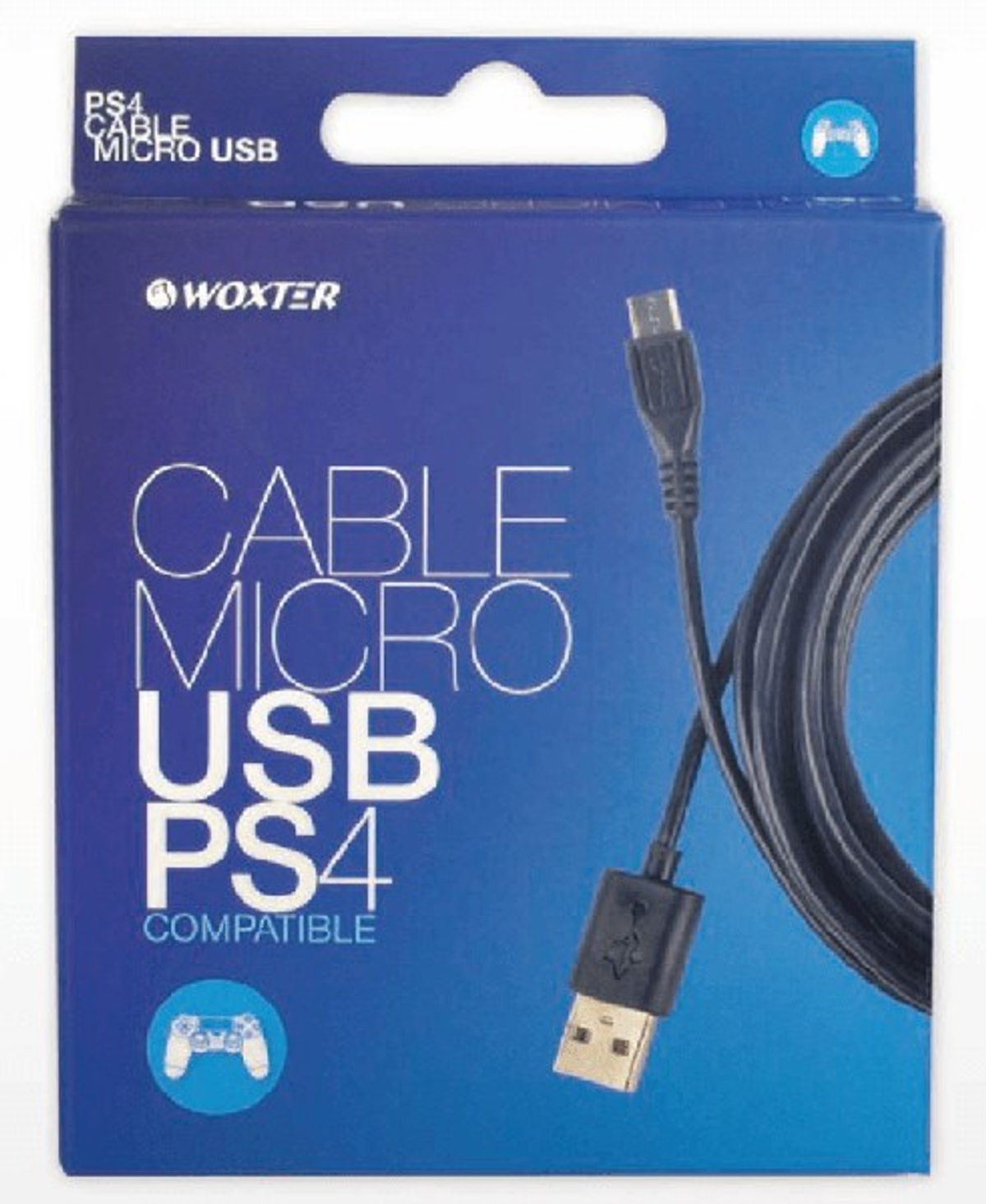 Una caja azul y blanca con un cable negro y puertos USB.