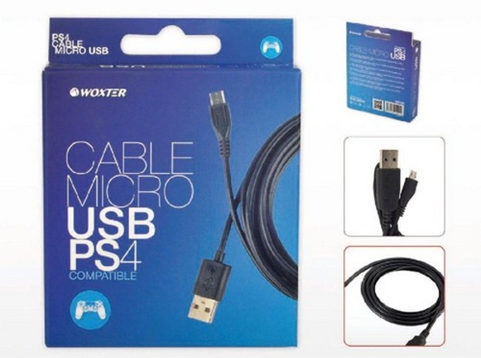 Una caja azul con un cable USB etiquetado como 'Cable Micro USB PS4 Compatible'.