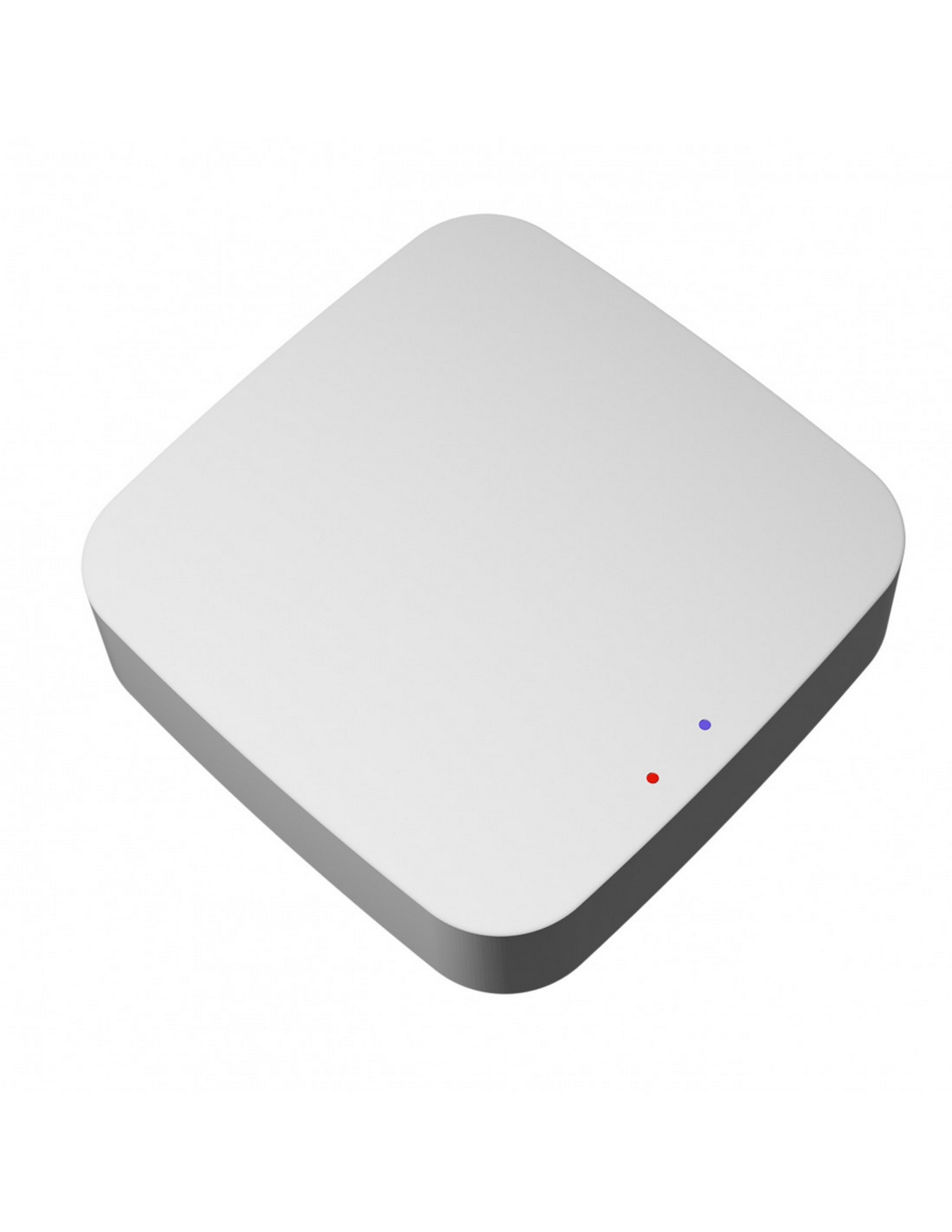 Dispositivo cuadrado blanco con luces rojas y azules.