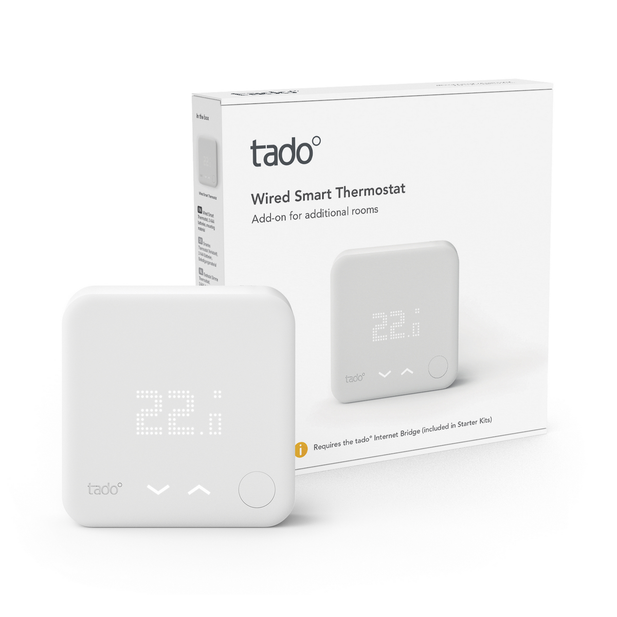 Weißer Smart-Thermostat und seine Verpackung. Der Thermostat hat einen Bildschirm und Knöpfe.