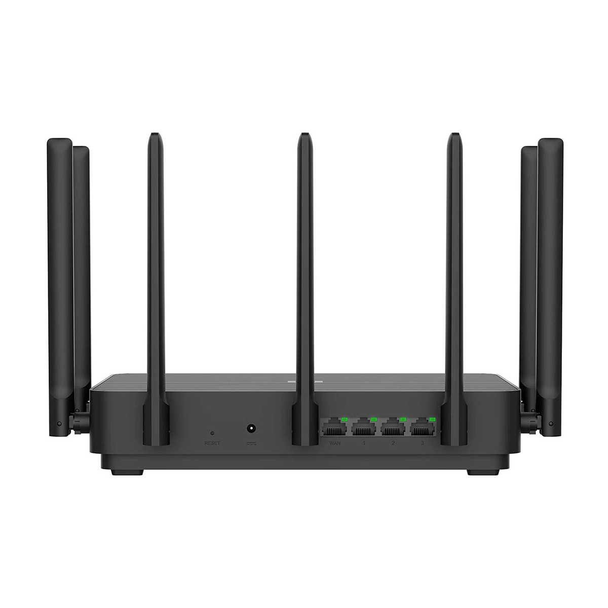 Viene mostrato un router nero con sei antenne, con porte sul retro. Il logo non è visibile.