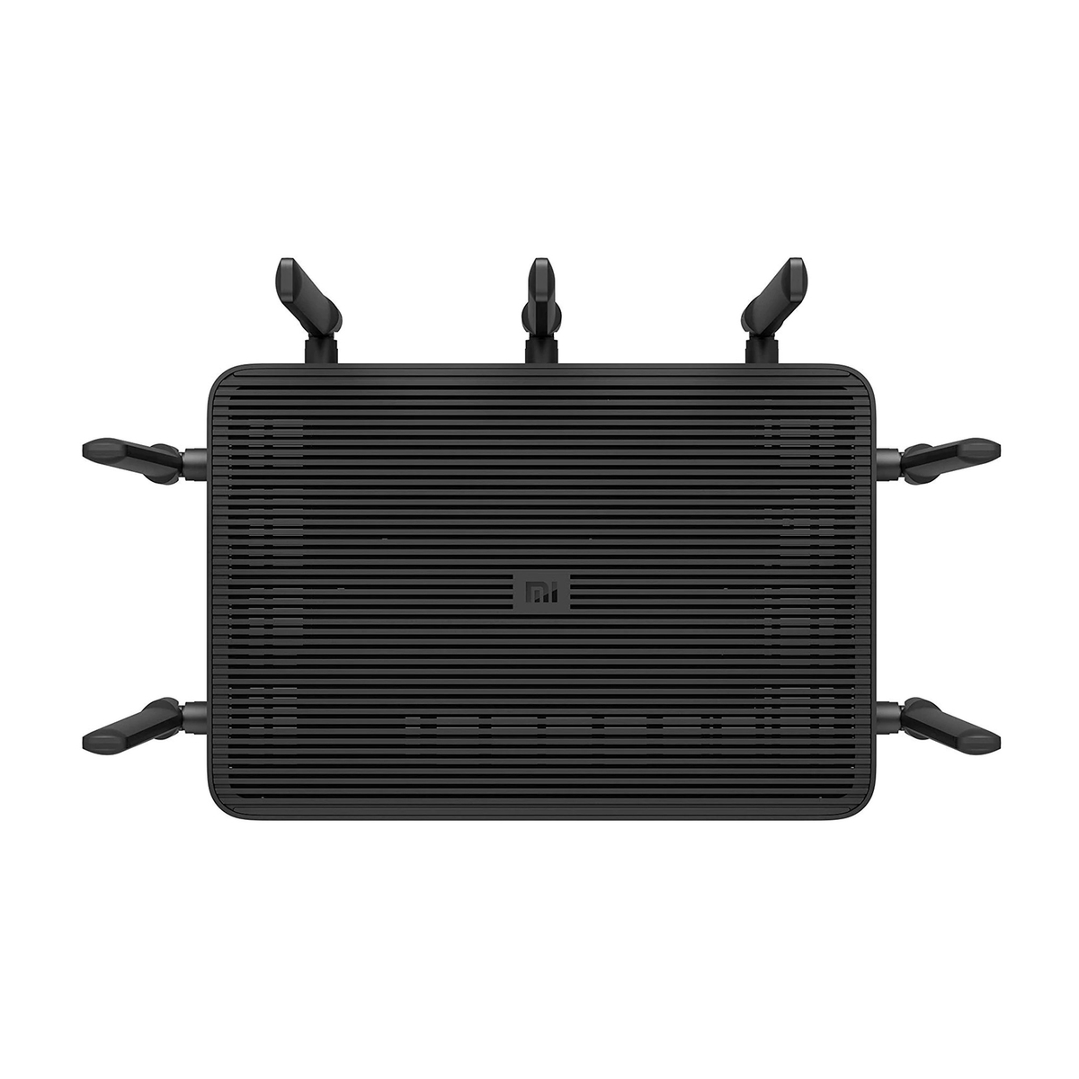 Un router nero con sei antenne. La parte superiore è piatta con creste nere e logo Mi.
