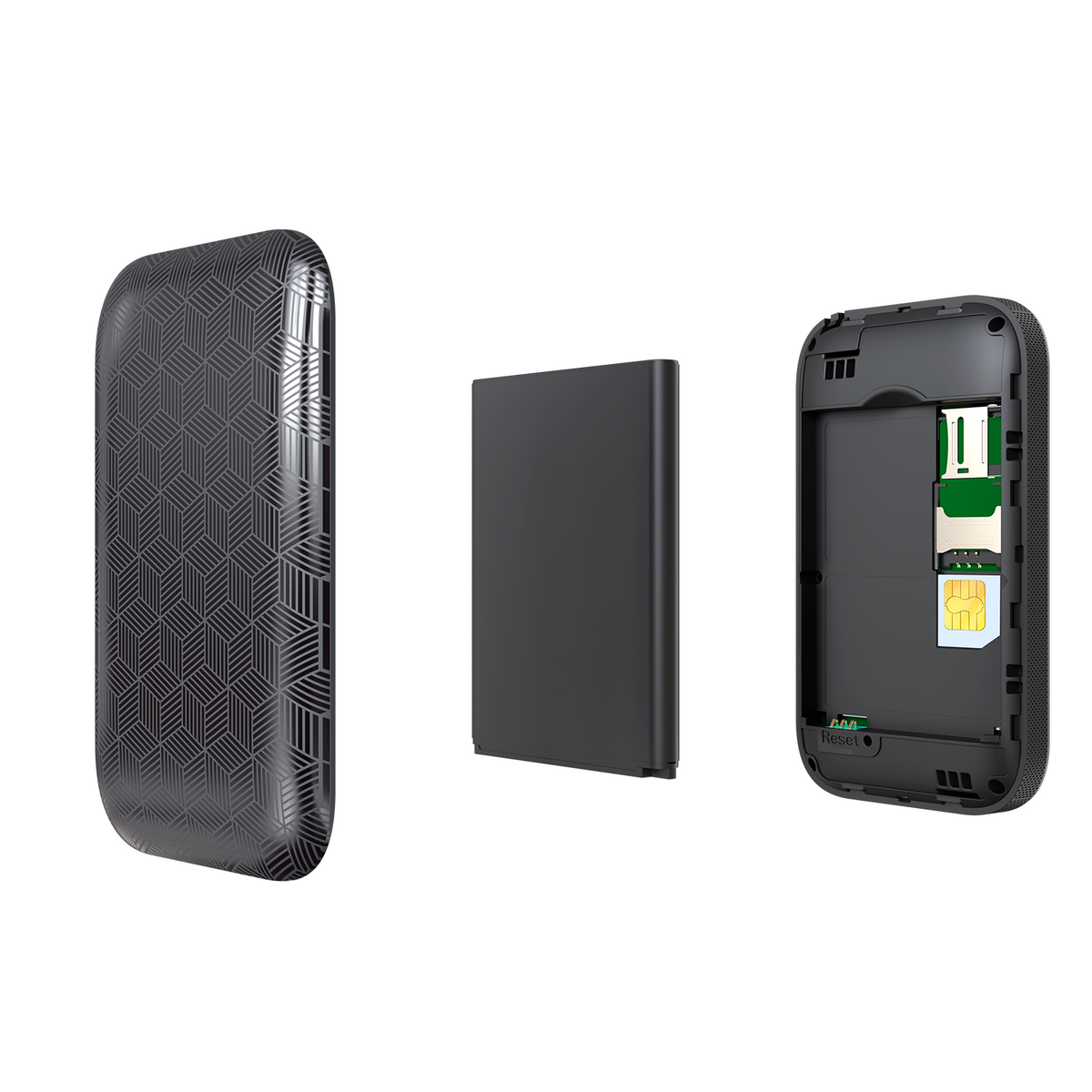 Czarne urządzenie z trzema częściami: obudową, osłoną i wnętrzem. Karta SIM widoczna. Białe tło.