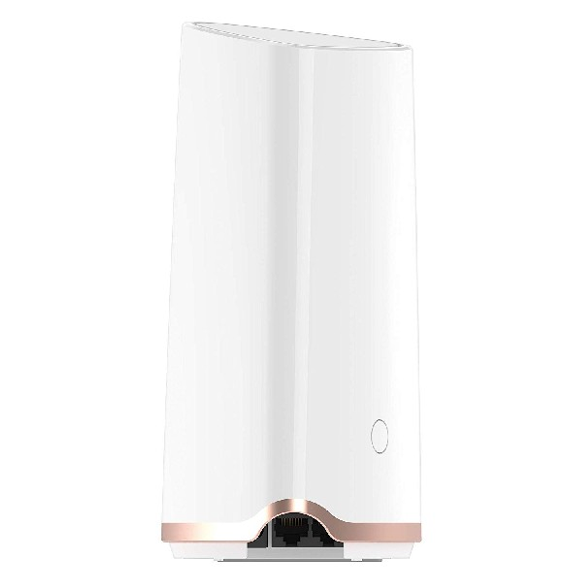 Un enrutador blanco con una base dorada y una sola luz.