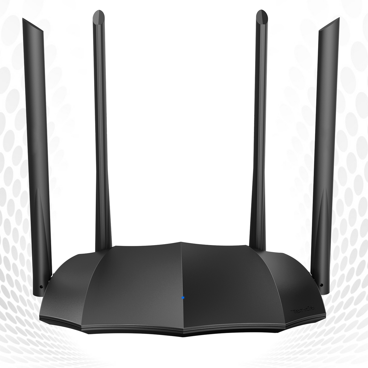 Czarny router z czterema antenami. Router jest na białym tle z kropkami.