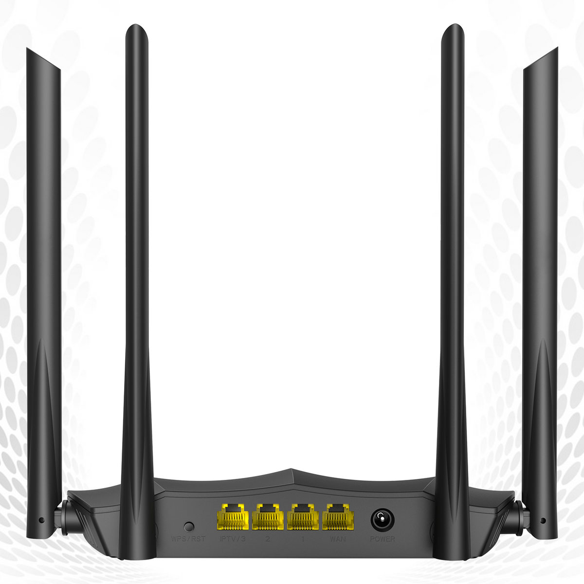 Czarny router bezprzewodowy z wieloma antenami i portami. Jest na białym tle.