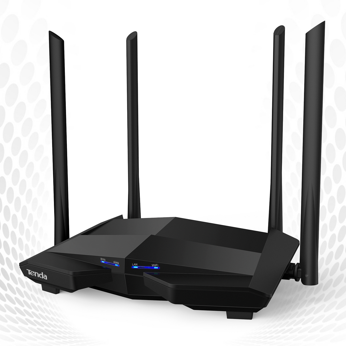 Czarny router Tenda z czterema antenami i jasnym wzorem.
