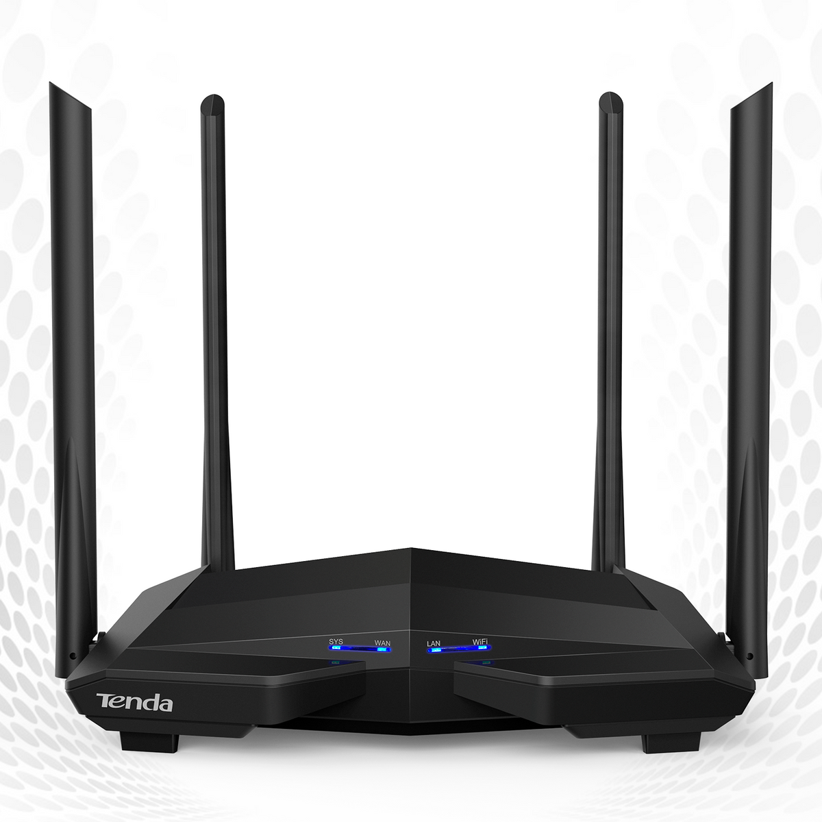 Czarny router Tenda z czterema antenami, widok z góry.