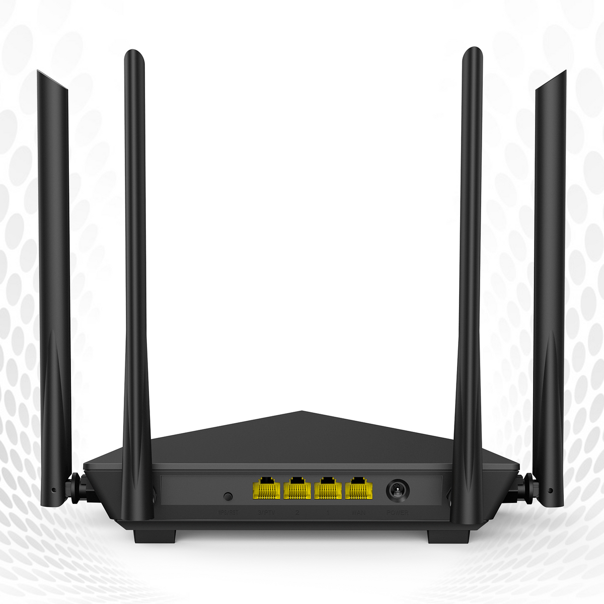 Czarny router z czterema antenami, różnymi portami i napisem 'POWER' z tyłu.