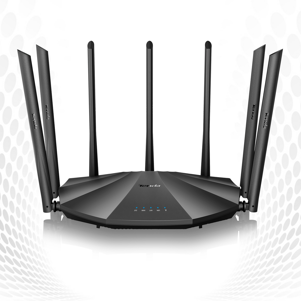 Router Tenda negro con seis antenas, sobre fondo blanco con puntos.