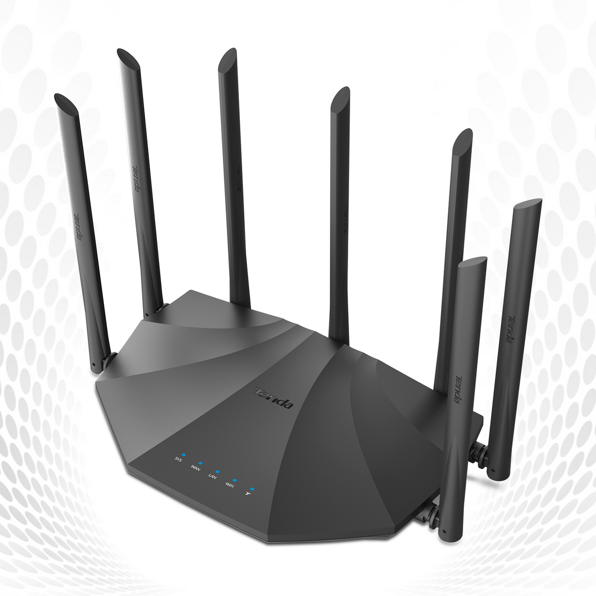 Router Tenda negro con seis antenas, sobre un fondo blanco con un patrón de puntos.